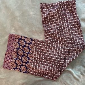 Burgundy, blue and white multi colored pull on pants. Cotton. Size XL.